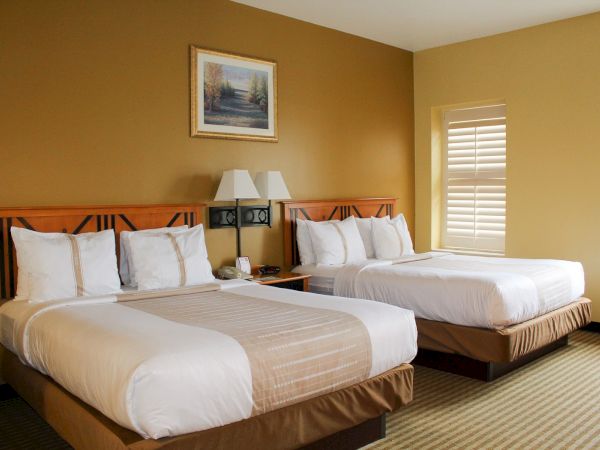 Two double beds in a hotel room with beige walls, nightstand, lamps, framed art, and window blinds, arranged with white bedding and tan accents.